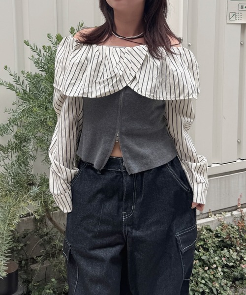 nemne store(ネンネストア)の「ストライプカラーオフショルトップス(シャツ/ブラウス・レディース・ブラウン/ネイビー/グレー・フリー)」の8枚目の写真