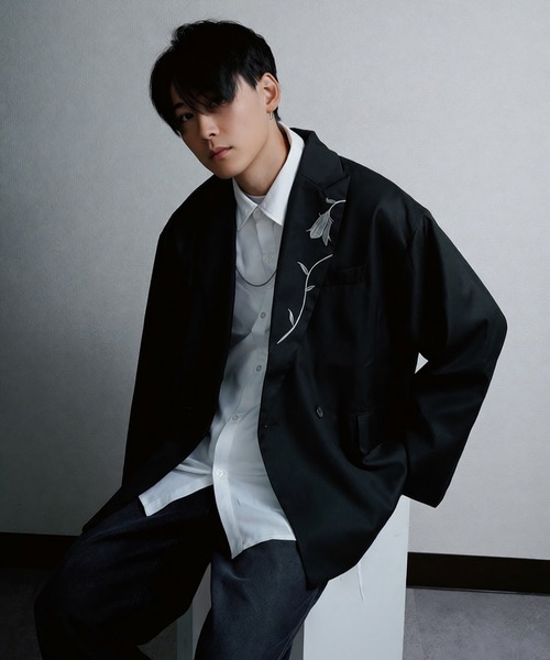 NILWAY(ニルウェイ)の「【420g/m】配色刺繍ステッチ ダブルフルイドテーラードジャケット(テーラードジャケット・メンズ・ブラック/ライトグレー/モスグリーン系/チャコール/ブラック系・MEDIUM/LARGE)」の2枚目の写真