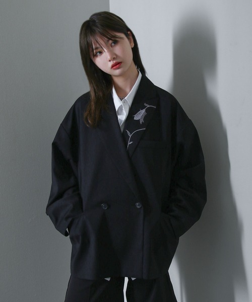 ブラック 刺繍入り テーラードジャケット セール】【420g/m】配色刺繍ステッチ ダブルフルイドテーラード