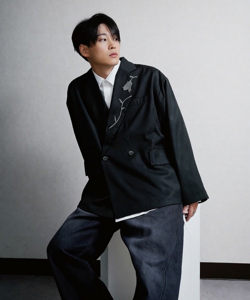 NILWAY(ニルウェイ)の「【420g/m】配色刺繍ステッチ ダブルフルイドテーラードジャケット(テーラードジャケット・メンズ・ブラック/ライトグレー/モスグリーン系/チャコール/ブラック系・MEDIUM/LARGE)」の8枚目の写真