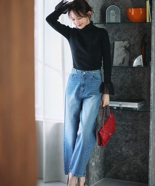 &. NOSTALGIA（アンドドットノスタルジア）の「メッシュフレアスリーブニット（ニット/セーター・レディース・ブラック/オフホワイト・M）」の3枚目の写真