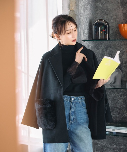 &. NOSTALGIA（アンドドットノスタルジア）の「メッシュフレアスリーブニット（ニット/セーター・レディース・ブラック/オフホワイト・M）」の4枚目の写真