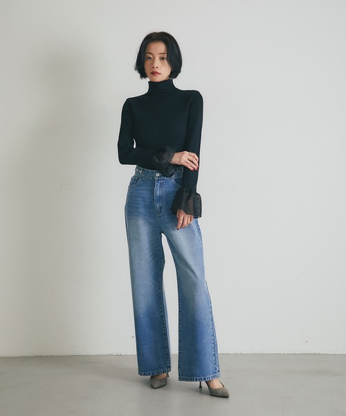 &. NOSTALGIA（アンドドットノスタルジア）の「メッシュフレアスリーブニット（ニット/セーター・レディース・ブラック/オフホワイト・M）」の5枚目の写真