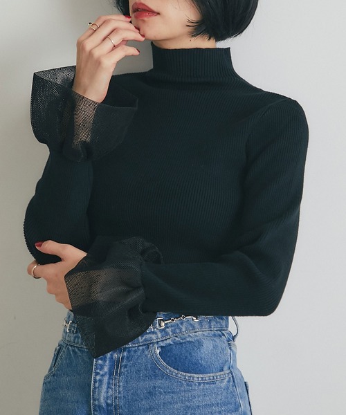 &. NOSTALGIA（アンドドットノスタルジア）の「メッシュフレアスリーブニット（ニット/セーター・レディース・ブラック/オフホワイト・M）」の7枚目の写真