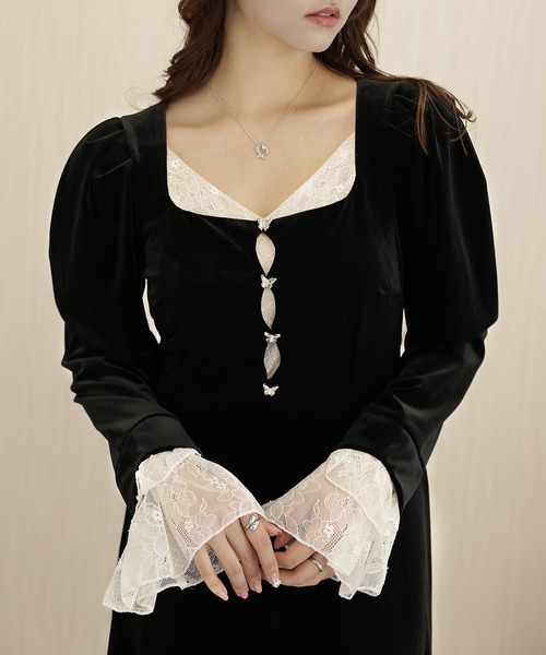 Lace Ladies(レースレディース)の「配色 レース スクエアネック 長袖 ロング ワンピース(ワンピース・レディース・ブラック・FREE)」の4枚目の写真