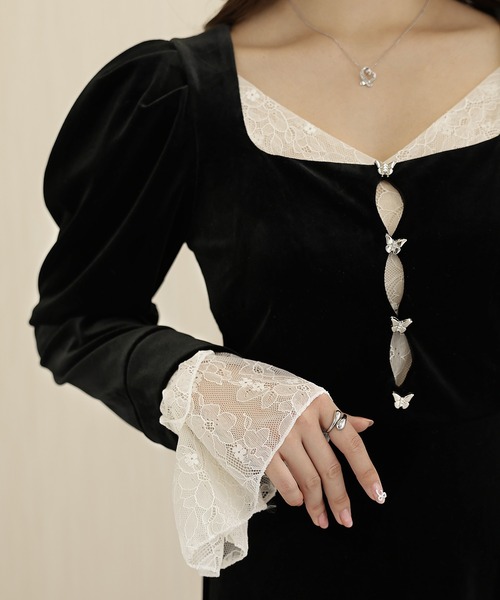 Lace Ladies(レースレディース)の「配色 レース スクエアネック 長袖 ロング ワンピース(ワンピース・レディース・ブラック・FREE)」の10枚目の写真