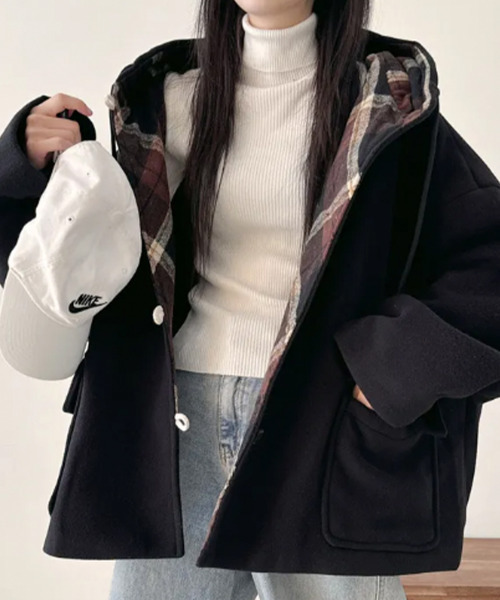 セール】チェック柄切替 オーバーサイズ ダッフルコート（ダッフル