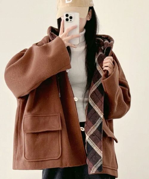 セール】チェック柄切替 オーバーサイズ ダッフルコート（ダッフル