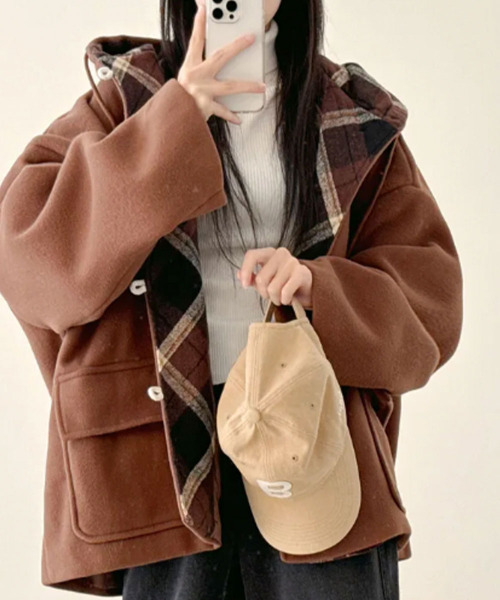 セール】チェック柄切替 オーバーサイズ ダッフルコート（ダッフル