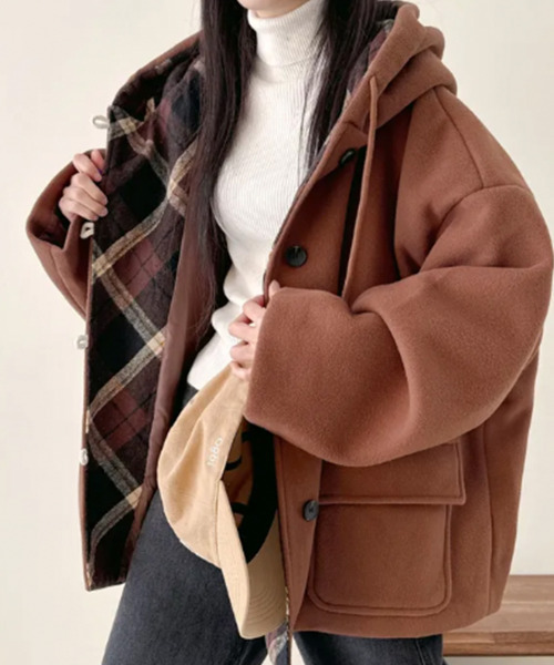 セール】チェック柄切替 オーバーサイズ ダッフルコート（ダッフル