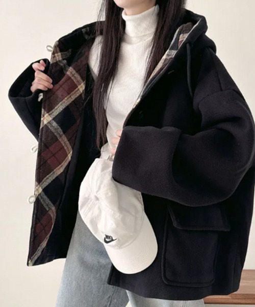 セール】チェック柄切替 オーバーサイズ ダッフルコート（ダッフル