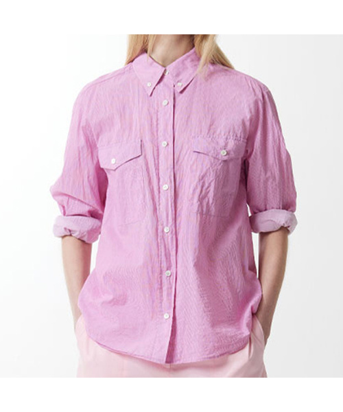 VOYONN(ボヨン)の「ストライプ綿アサウォッシングシャツレッドピンク0033(シャツ/ブラウス・レディース・レッド・MEDIUM)」の1枚目の写真