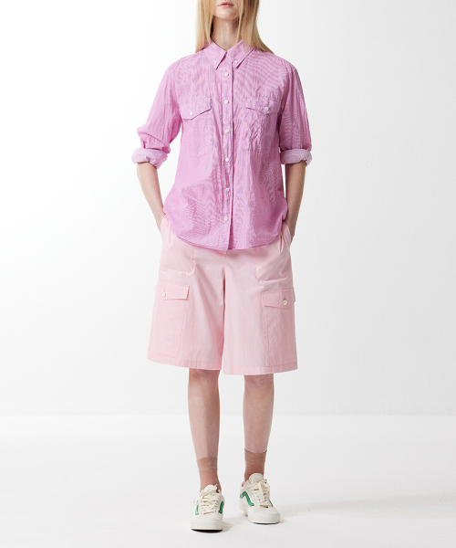 VOYONN(ボヨン)の「ストライプ綿アサウォッシングシャツレッドピンク0033(シャツ/ブラウス・レディース・レッド・MEDIUM)」の2枚目の写真