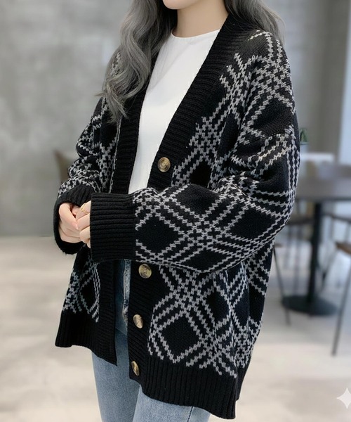 cammie(キャミー)の「柄デザインニットカーディガン(カーディガン/ボレロ・レディース・ホワイト/ブラック/グレー・F)」の10枚目の写真