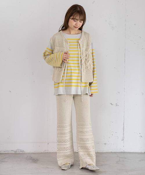 POU DOU DOU（プードゥドゥ）の「アイレットボーダーニットパンツ（その他パンツ・レディース・ダークグレー/アイボリー・3）」の8枚目の写真