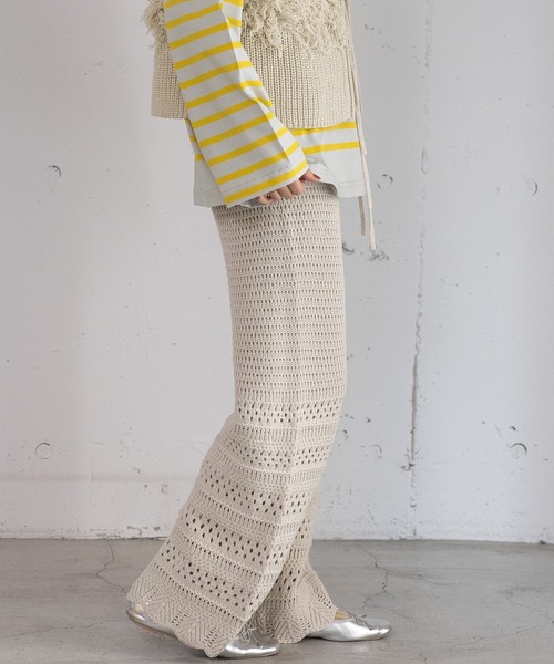 POU DOU DOU（プードゥドゥ）の「アイレットボーダーニットパンツ（その他パンツ・レディース・ダークグレー/アイボリー・3）」の13枚目の写真