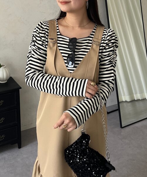 prose verse（プロズヴェール）の「袖シャーリングギャザーボーダートップス（Tシャツ/カットソー・レディース・ブラック系その他・LARGE/MEDIUM）」の7枚目の写真