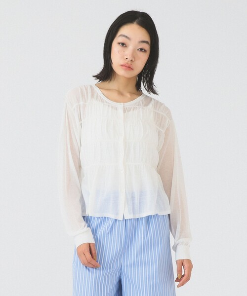 Ray BEAMS(レイビームス)の「シアーシャーリング クルーネック カーディガン(ニット/セーター・レディース・ホワイト/サックスブルー/ブラック・ONE SIZE)」の1枚目の写真