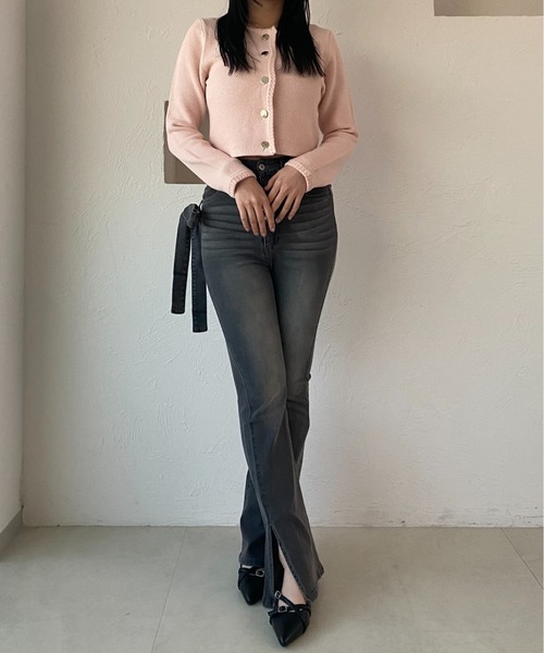 fupel(フぺル)の「side ribbon high waist flare denim / サイドリボンハイウエストフレアデニム(デニムパンツ・レディース・グレー/ライトブルー・FREE)」の3枚目の写真