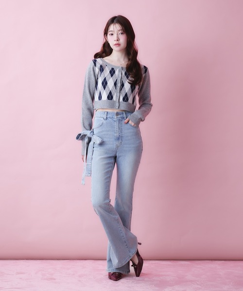 fupel(フぺル)の「side ribbon high waist flare denim / サイドリボンハイウエストフレアデニム(デニムパンツ・レディース・グレー/ライトブルー・FREE)」の9枚目の写真