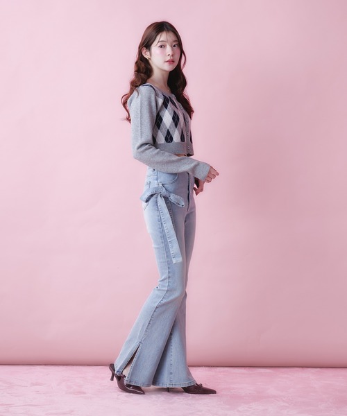 fupel(フぺル)の「side ribbon high waist flare denim / サイドリボンハイウエストフレアデニム(デニムパンツ・レディース・グレー/ライトブルー・FREE)」の10枚目の写真