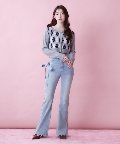fupel(フぺル)の「side ribbon high waist flare denim / サイドリボンハイウエストフレアデニム(デニムパンツ・レディース・グレー/ライトブルー・FREE)」の7枚目の写真