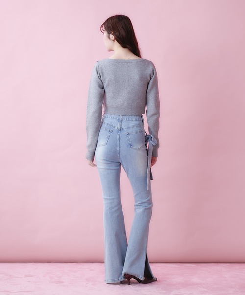 fupel(フぺル)の「side ribbon high waist flare denim / サイドリボンハイウエストフレアデニム(デニムパンツ・レディース・グレー/ライトブルー・FREE)」の12枚目の写真