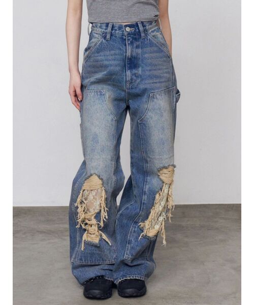 EMODA（エモダ）の「レースクラッシュルーズジーンズ（デニムパンツ・レディース・ブルー/ブラック・MEDIUM/SMALL）」の2枚目の写真