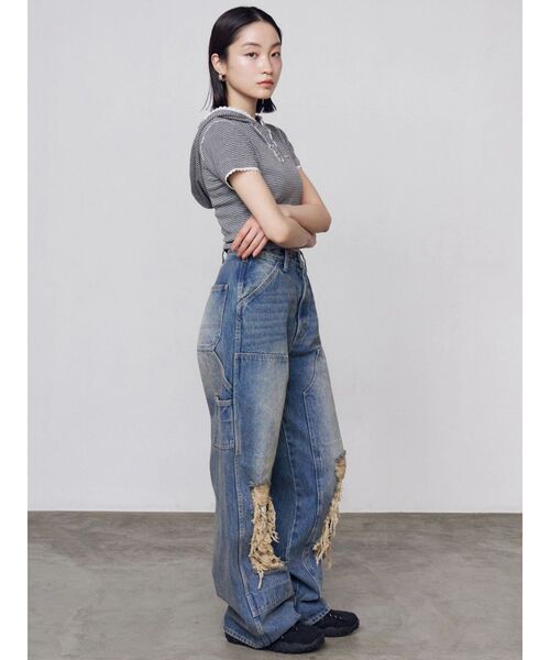 EMODA（エモダ）の「レースクラッシュルーズジーンズ（デニムパンツ・レディース・ブルー/ブラック・MEDIUM/SMALL）」の4枚目の写真