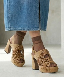 アッシュ【OPRAH】ヒールサンダル チャンキーヒール フリンジ ブラウン アースカラー 厚底 10cmヒール