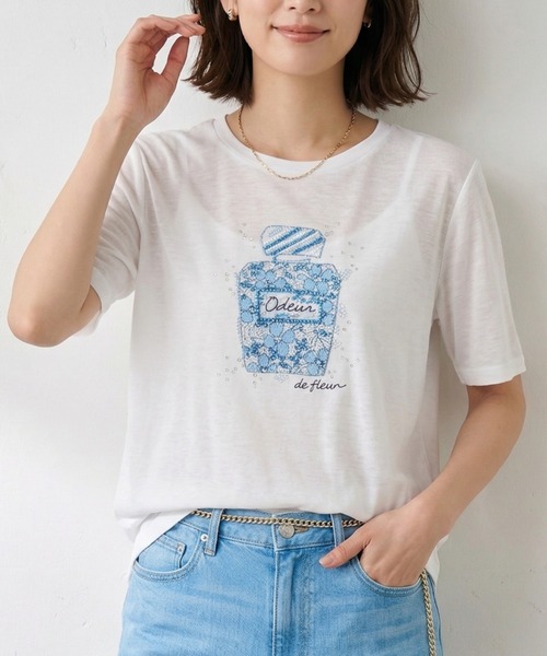 Belta attrice（ベルタアトリーチェ）の「オーストラリアコットン 強撚フライス ビーズ刺繍 香水ボトルTシャツ / 日本製 半袖トップス（Tシャツ/カットソー・レディース・ホワイト/グレー/サックスブルー・FREE）」の2枚目の写真