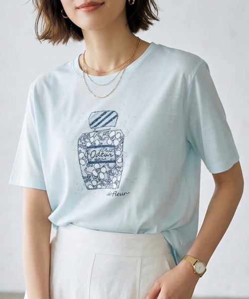 Belta attrice（ベルタアトリーチェ）の「オーストラリアコットン 強撚フライス ビーズ刺繍 香水ボトルTシャツ / 日本製 半袖トップス（Tシャツ/カットソー・レディース・ホワイト/グレー/サックスブルー・FREE）」の3枚目の写真