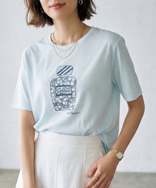 Belta attrice（ベルタアトリーチェ）の「オーストラリアコットン 強撚フライス ビーズ刺繍 香水ボトルTシャツ / 日本製 半袖トップス（Tシャツ/カットソー・レディース・ホワイト/グレー/サックスブルー・FREE）」の5枚目の写真