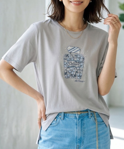 Belta attrice（ベルタアトリーチェ）の「オーストラリアコットン 強撚フライス ビーズ刺繍 香水ボトルTシャツ / 日本製 半袖トップス（Tシャツ/カットソー・レディース・ホワイト/グレー/サックスブルー・FREE）」の13枚目の写真