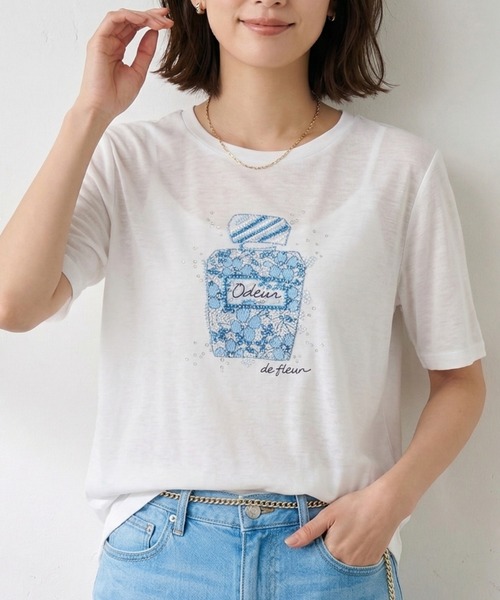 Belta attrice（ベルタアトリーチェ）の「オーストラリアコットン 強撚フライス ビーズ刺繍 香水ボトルTシャツ / 日本製 半袖トップス（Tシャツ/カットソー・レディース・ホワイト/グレー/サックスブルー・FREE）」の10枚目の写真