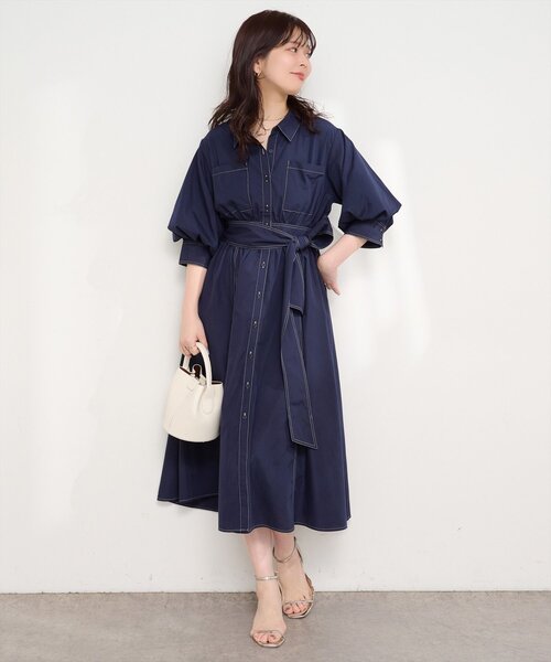 キューブキューブ★極美品★ロングバルーンシャツワンピース★微光沢★ネイビー ROPE' PICNIC（ロペ ピクニック） シャツワンピース 「MLB COLLECTION