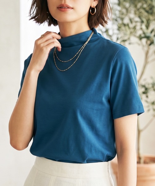 Belta attrice(ベルタアトリーチェ)の「【汗冷え防止】強撚コットン100 モックネック 半袖 フライス Tシャツ / 薄手インナー(Tシャツ/カットソー・レディース・ダークオレンジ/ブルー/カーキ/ブラック/ライトグレー/ダークグリーン/グレイッシュベージュ/ボルドー/ダークブルー・FREE/M~L/フリー)」の7枚目の写真