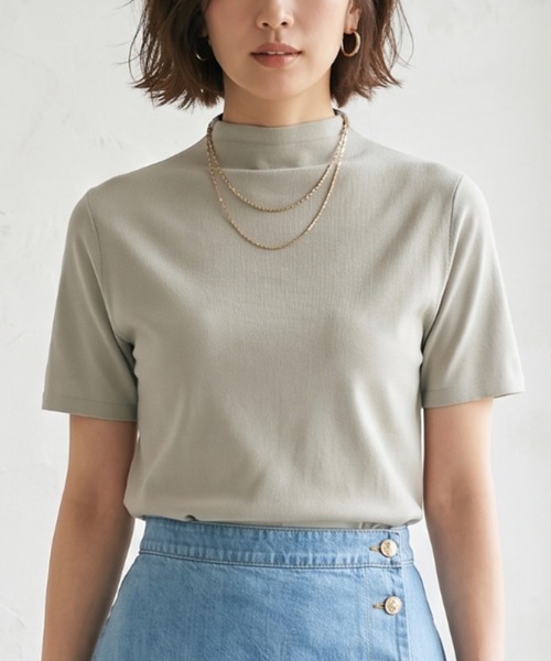 Belta attrice(ベルタアトリーチェ)の「【汗冷え防止】強撚コットン100 モックネック 半袖 フライス Tシャツ / 薄手インナー(Tシャツ/カットソー・レディース・ダークオレンジ/ブルー/カーキ/ブラック/ライトグレー/ダークグリーン/グレイッシュベージュ/ボルドー/ダークブルー・FREE/M~L/フリー)」の1枚目の写真