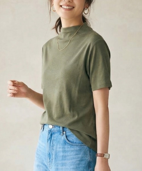 Belta attrice(ベルタアトリーチェ)の「【汗冷え防止】強撚コットン100 モックネック 半袖 フライス Tシャツ / 薄手インナー(Tシャツ/カットソー・レディース・ダークオレンジ/ブルー/カーキ/ブラック/ライトグレー/ダークグリーン/グレイッシュベージュ/ボルドー/ダークブルー・FREE/M~L/フリー)」の15枚目の写真