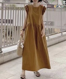 ゆったりシルエット 花びら袖ロングワンピース(ポケット・ウエストリボン付き)