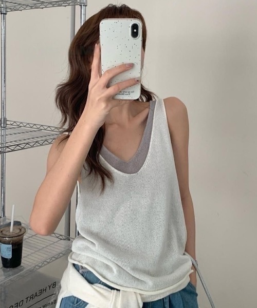 Teem Store（チームストア）の「【５色展開】配色レイヤード風ニットキャミソール（キャミソール・レディース・イエロー/ホワイト/レッド/ブラック/ブルー・F）」の2枚目の写真