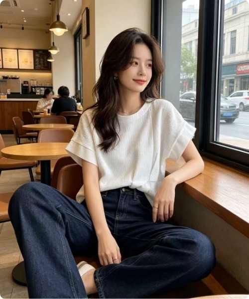 I.O.E（アイオイ）の「[韓国トレンド] ドレープデザイン半袖ブラウス（Tシャツ/カットソー・レディース・ホワイト/ブラック・FREE）」の3枚目の写真