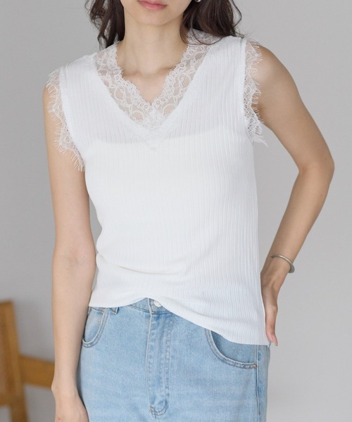 yuue' ( wear )(ユーイ)の「Vネックレース付きサマーリブニットタンクトップ(タンクトップ・レディース・ブラック/ホワイト・FREE)」の1枚目の写真
