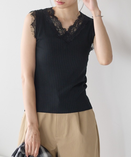 yuue' ( wear )(ユーイ)の「Vネックレース付きサマーリブニットタンクトップ(タンクトップ・レディース・ブラック/ホワイト・FREE)」の16枚目の写真