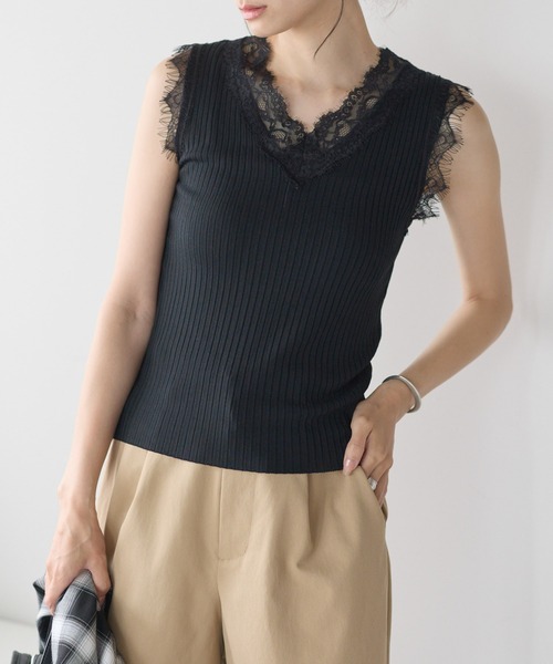 yuue' ( wear )(ユーイ)の「Vネックレース付きサマーリブニットタンクトップ(タンクトップ・レディース・ブラック/ホワイト・FREE)」の14枚目の写真