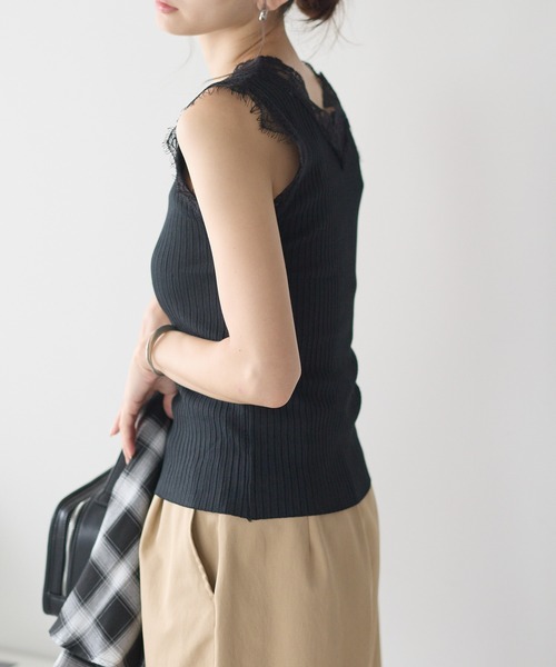 yuue' ( wear )(ユーイ)の「Vネックレース付きサマーリブニットタンクトップ(タンクトップ・レディース・ブラック/ホワイト・FREE)」の9枚目の写真
