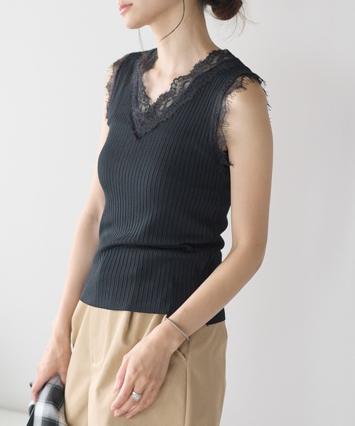yuue' ( wear )(ユーイ)の「Vネックレース付きサマーリブニットタンクトップ(タンクトップ・レディース・ブラック/ホワイト・FREE)」の10枚目の写真