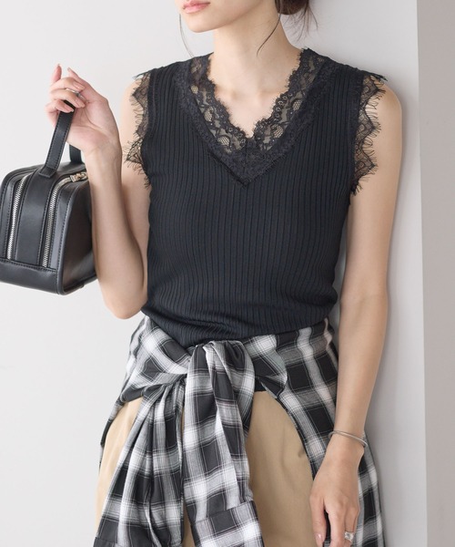 yuue' ( wear )(ユーイ)の「Vネックレース付きサマーリブニットタンクトップ(タンクトップ・レディース・ブラック/ホワイト・FREE)」の7枚目の写真