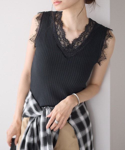 yuue' ( wear )(ユーイ)の「Vネックレース付きサマーリブニットタンクトップ(タンクトップ・レディース・ブラック/ホワイト・FREE)」の5枚目の写真