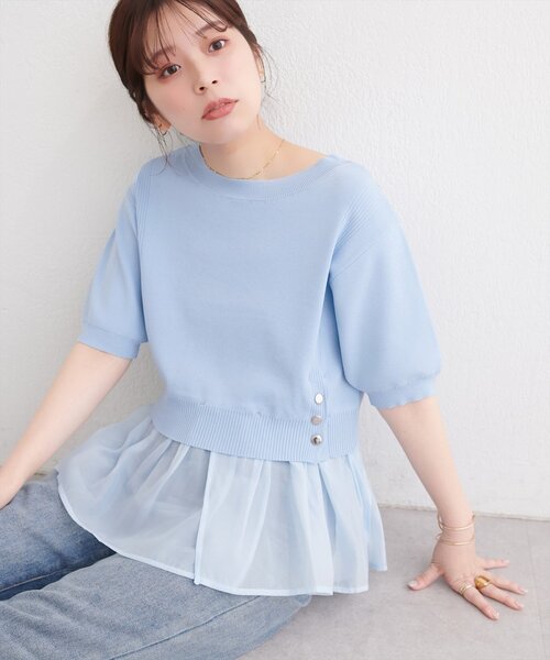 natural couture(ナチュラルクチュール)の「取り外し裾フリル付き半袖ニット(ニット/セーター・レディース・ネイビー/ブラック/サックスブルー/オフホワイト・FREE)」の4枚目の写真